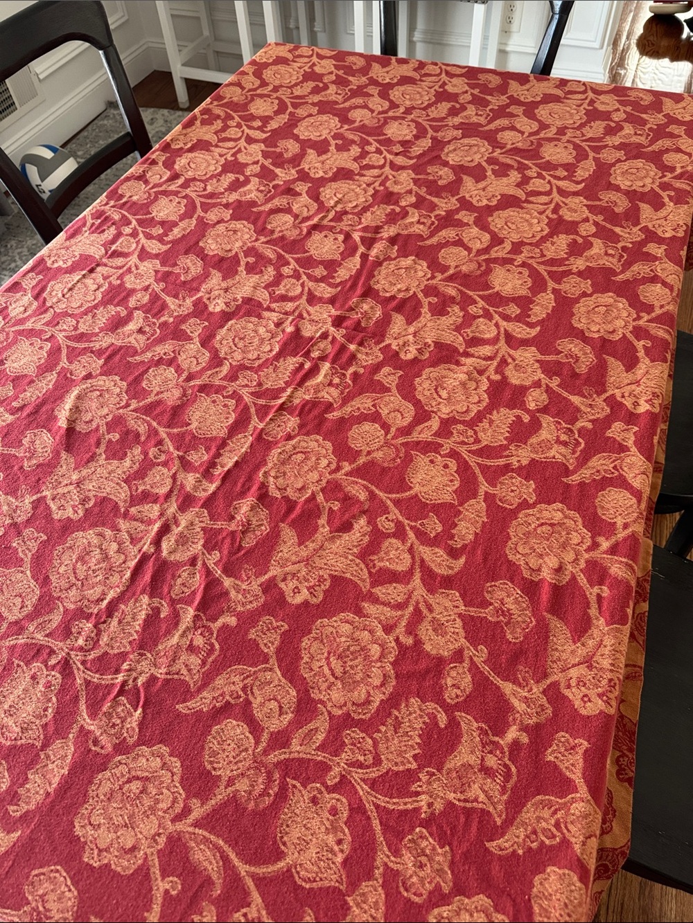 Pottery Barn Red and Cream Floral Jacquard Tablecloth